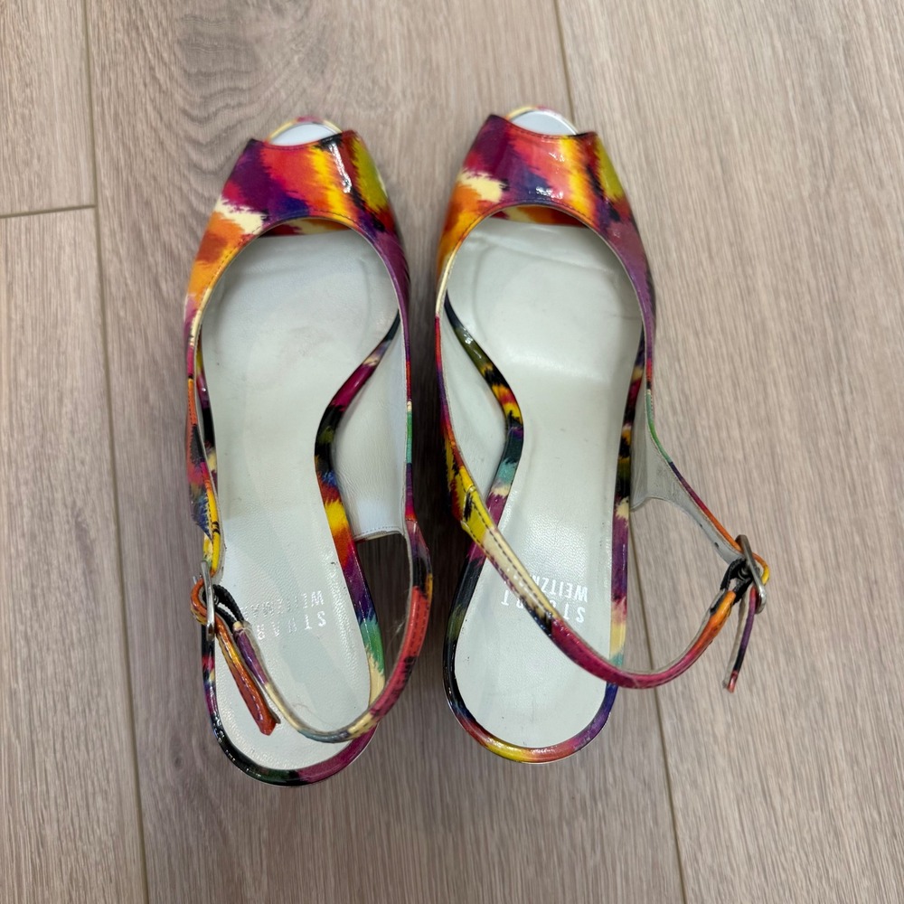 RARE Stuart Weitzman Multi-Color Ikat Patent Leather Peep Toe Wedge Sandals 8M - Picture 6 of 9